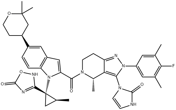 3-[(1S,2S)-1-[2-[[(4S)-3-(2,3-Dihydro-2-oxo-1H-imidazol-1-yl)-2-(4-fluoro-3,5-dimethylphenyl)-2,4,6,7-tetrahydro-4-methyl-5H-pyrazolo[4,3-c]pyridin-5-yl]carbonyl]-5-[(4S)-tetrahydro-2,2-dimethyl-2H-pyran-4-yl]-1H-indol-1-yl]-2-methylcyclopropyl]-1,2,4-oxadiazol-5(2H)-one 구조식 이미지